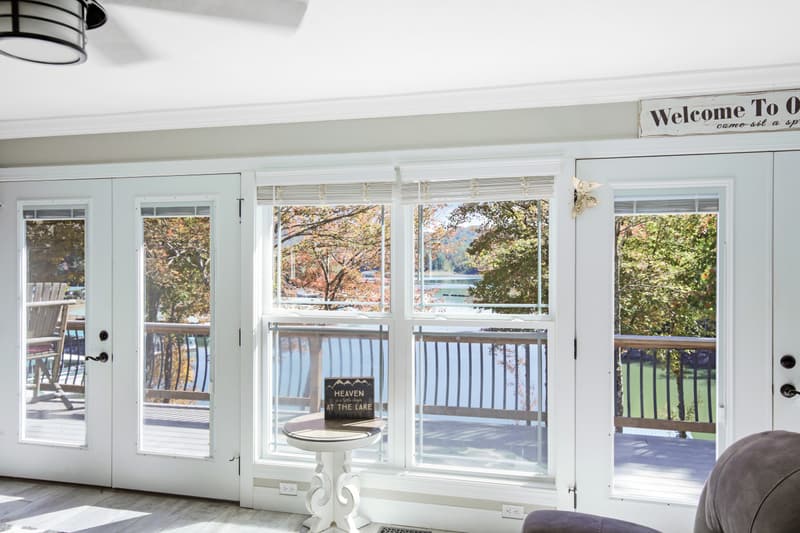 Great room French doors onto the lake-view deck