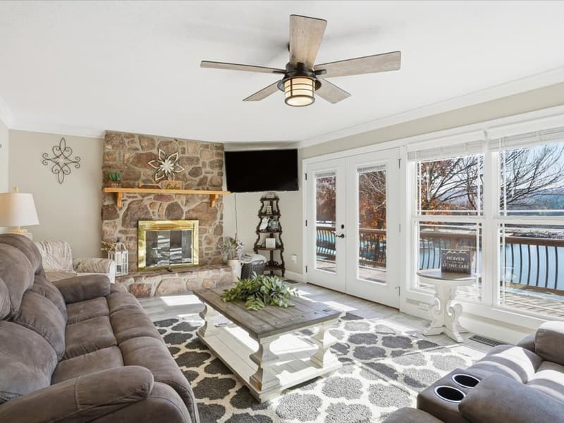 Great room with stone fireplace