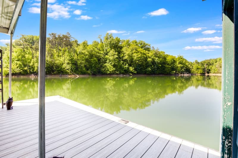 Swim platform on the covered dock, looking across the cove